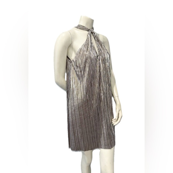 LUSH Metallic Silver Pleated Halter Mini Dress Size Small S Style DR94409 - Picture 2 of 8